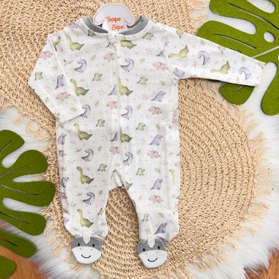 Macacão de Malha com Abertura em Zíper e pézinho bordado Dinos Babys - Off White e Mescla
